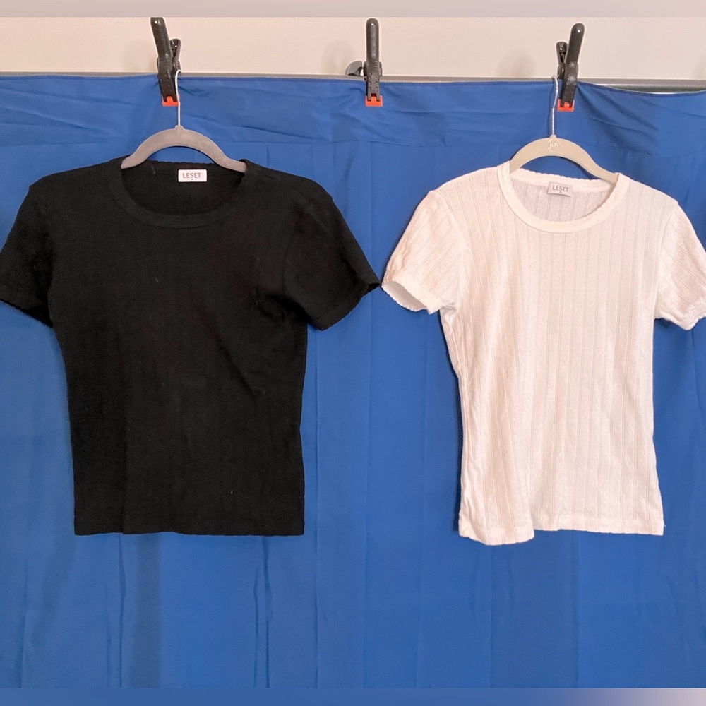 LESET POINTELLE SHORT SLEEVE TEE, BLACK AND WHITE, SZ M